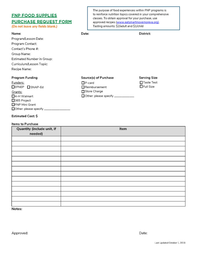 FNP Food Supplies Purchase Request Form Virginia Family Nutrition Program