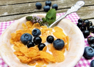 Corn flakes, milk, and blueberries in a white bowl on a picnic table. 