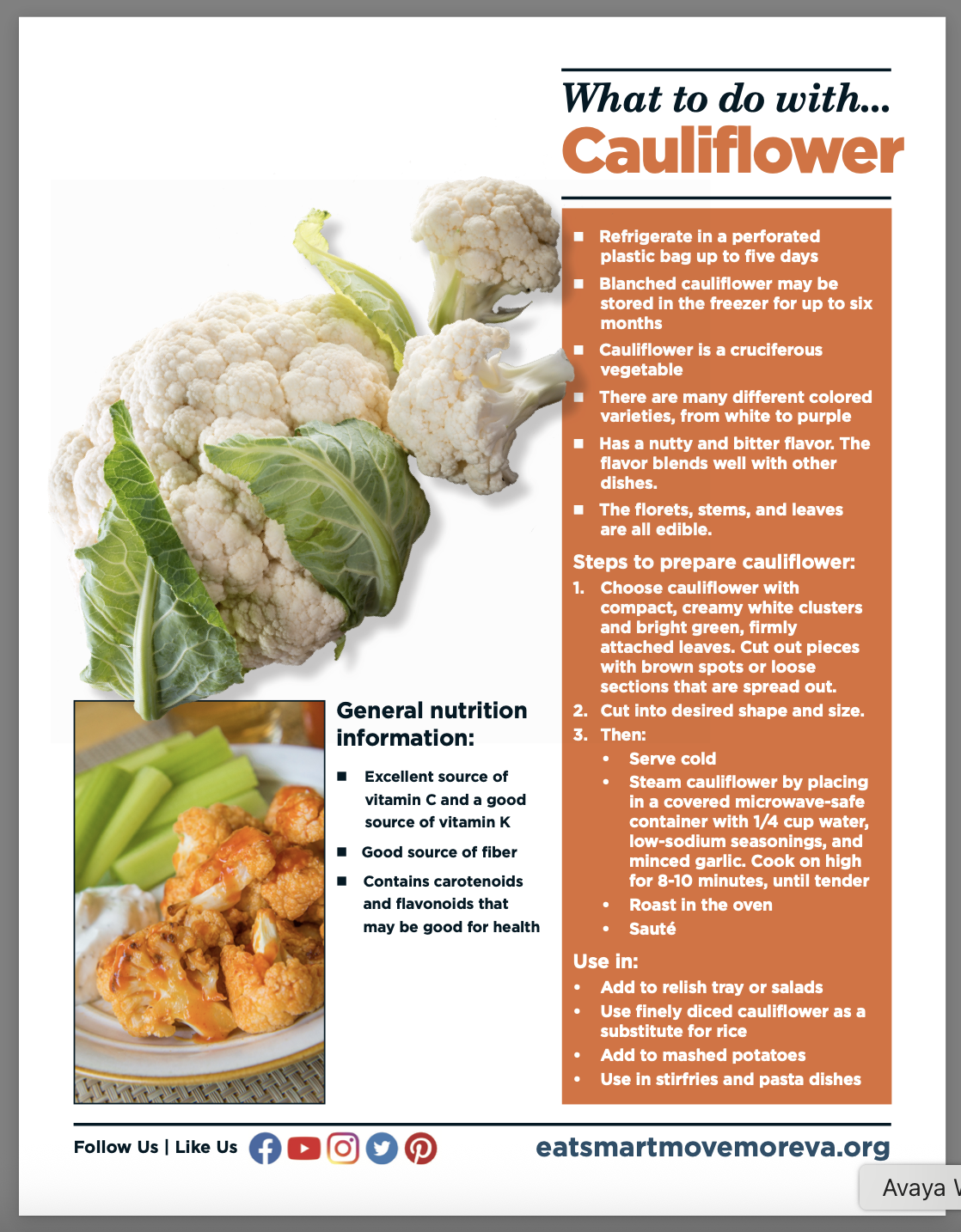 Image of Cauliflower cooking tips worksheet