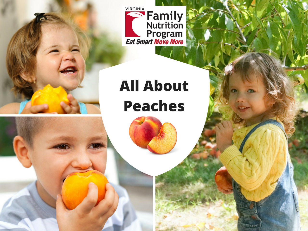 Collage of kids eating fresh peaches