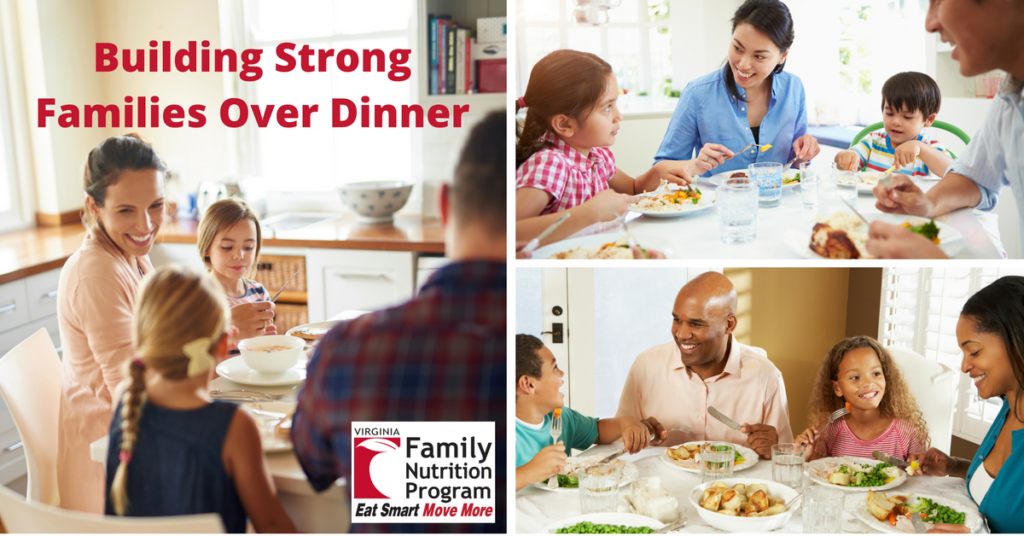 collage of three families eating dinner together.