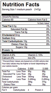 Nutrition facts label for one medium peach