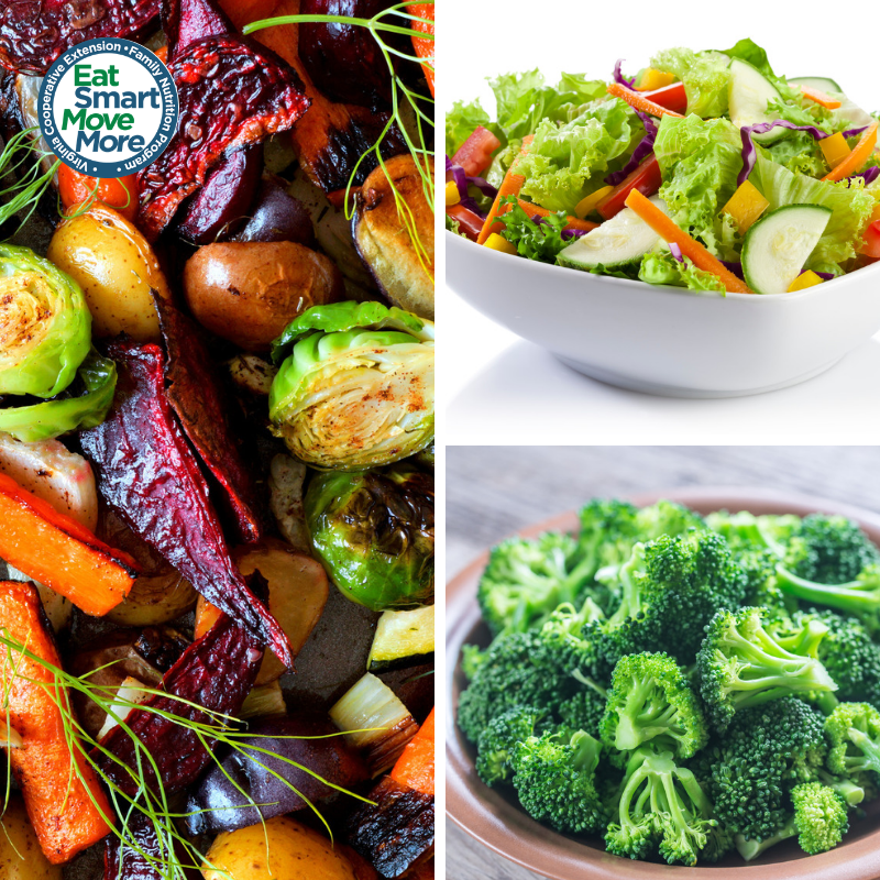 collage of roasted fall vegetables, broccoli, and garden salad