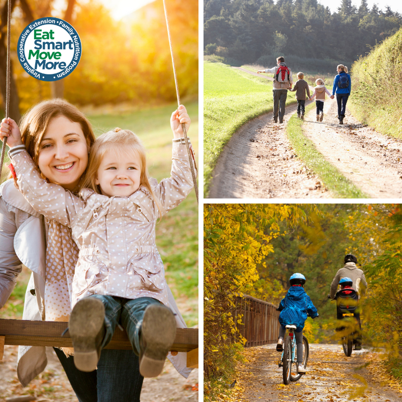 collage of families enjoying parks by swinging, hiking, and biking