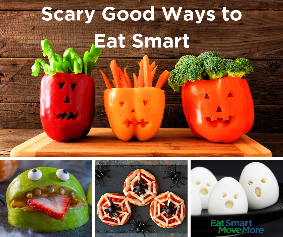 Collage of healthy halloween snacks, bell pepper jack-o-lanterns with veggies inside, monster mouths made from apple slices, peanut butter, sunflower seeds and strawberry slices, spiderweb mini-pizzas, and boiled egg ghosts