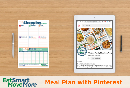 tablet with Virginia Family Nutrition Program's Pinterest page displayed with weekly meal planner and pencil on table