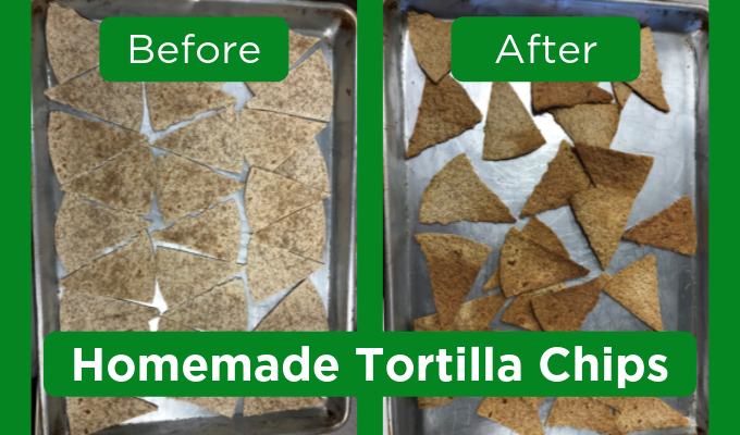 before and after picture of baking homemade tortilla chips