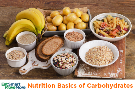 variety of carbohydrate-rich foods with bananas, potatoes, oats, whole wheat bread, nuts, and pasta